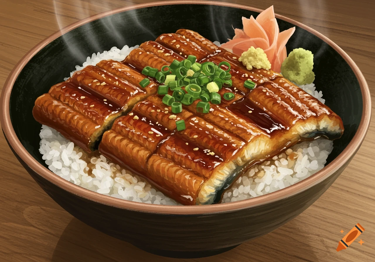 A close-up illustration of a steaming bowl of Japanese unagi donburi (eel rice), topped with chopped green onions and pickled ginger, on a wooden table.