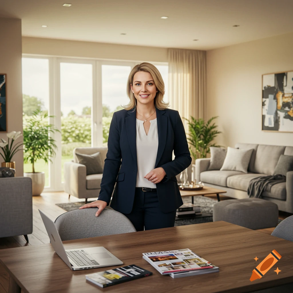 A smiling woman in a dark business suit stands in a modern living room with a laptop and magazines on a table in the foreground.
