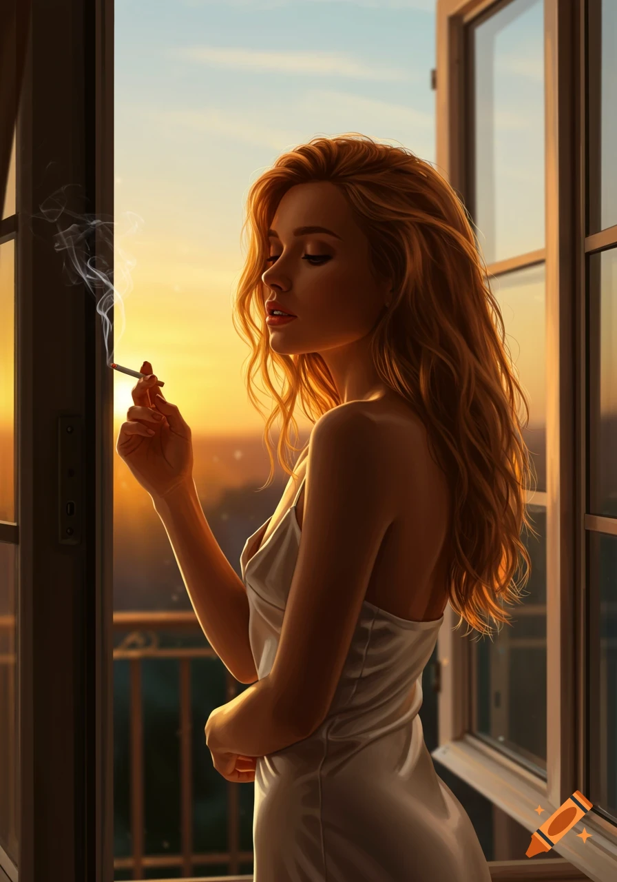 A young woman with long, flowing strawberry blonde hair stands by an open window, smoking a cigarette at sunrise. She wears a white slip dress.