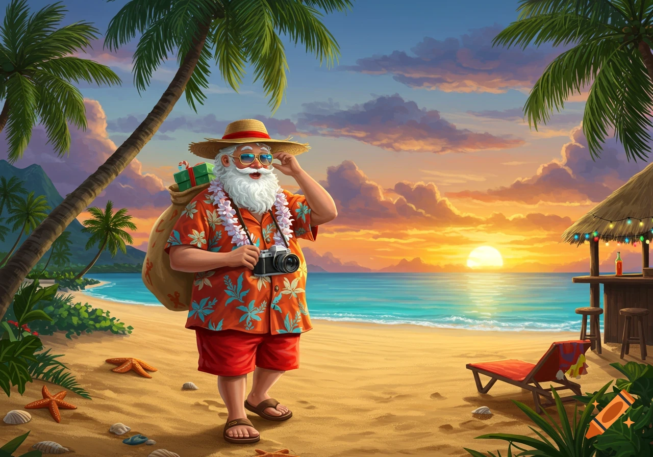 An illustrated Santa Claus in a Hawaiian shirt, shorts, and straw hat stands on a tropical beach at sunset.