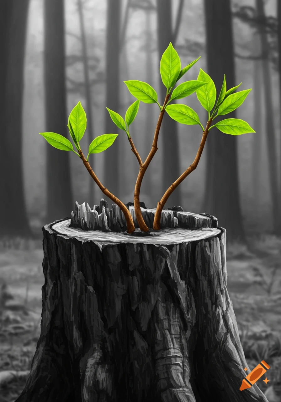 New green leaves sprout from a tree stump in a grayscale forest with blurred background trees.