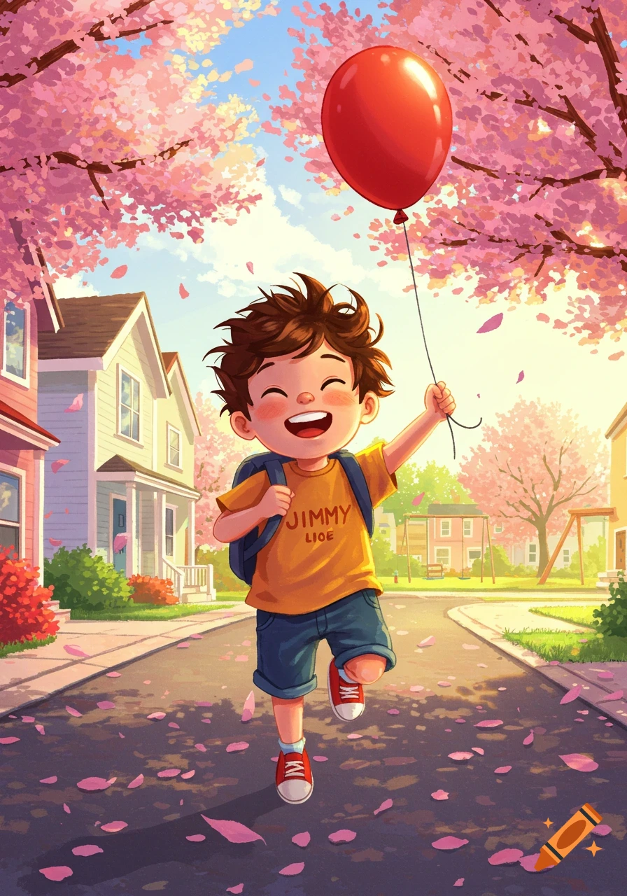Cartoon boy in a yellow shirt and blue shorts, holding a red balloon, running down a street with pink cherry blossoms.
