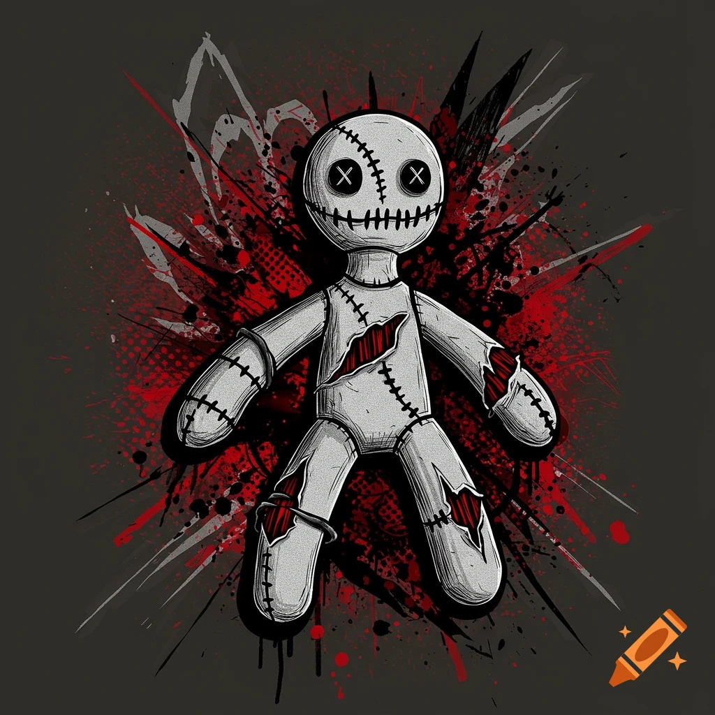 A stylized voodoo doll with stitches and torn fabric, set against a background of red and black paint splatters in a trash polka tattoo style.