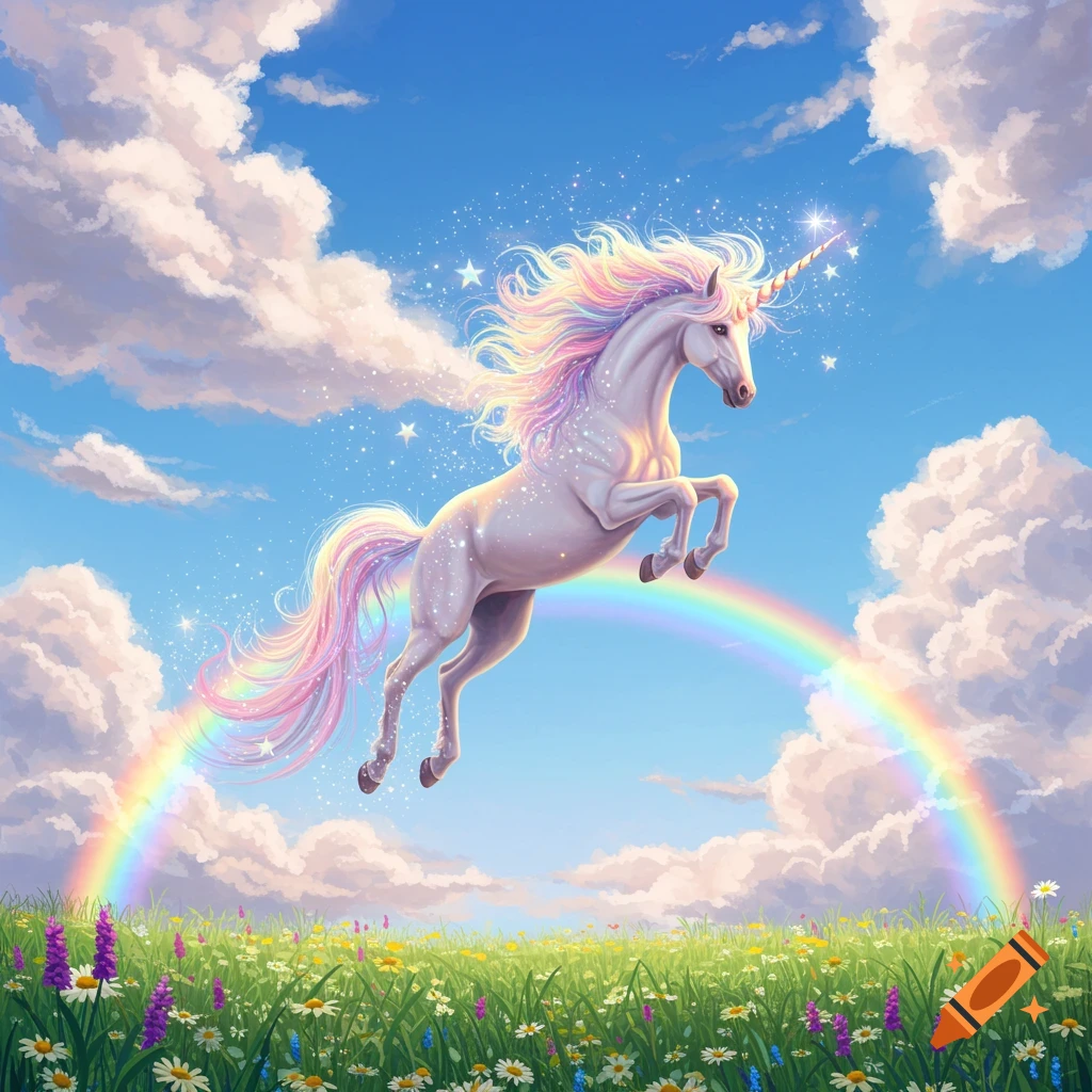 A majestic white unicorn with a rainbow mane leaps over a vibrant rainbow in a bright blue sky above a field of colorful flowers.