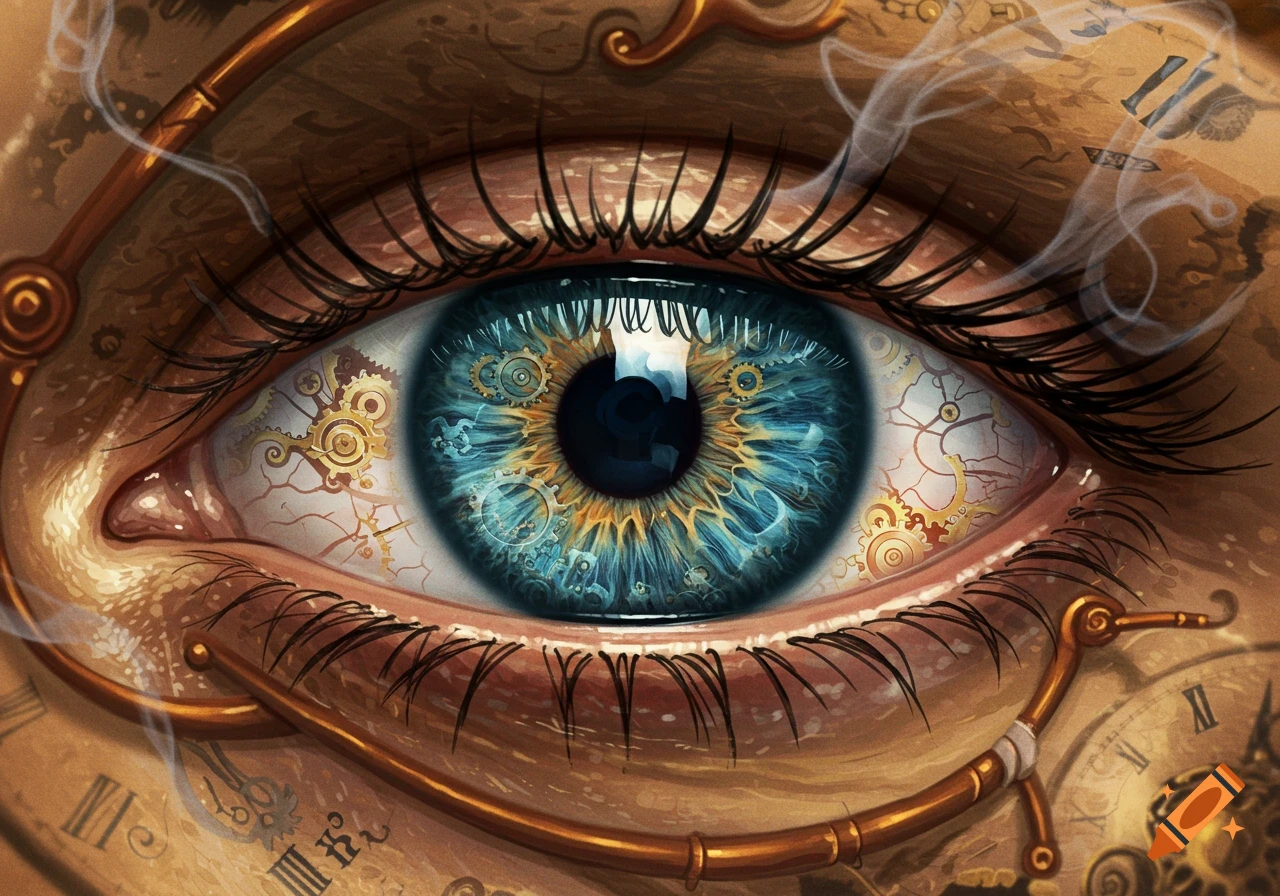 A detailed steampunk illustration of a human eye with blue iris, showing intricate gold gears inside and clock faces on the skin.