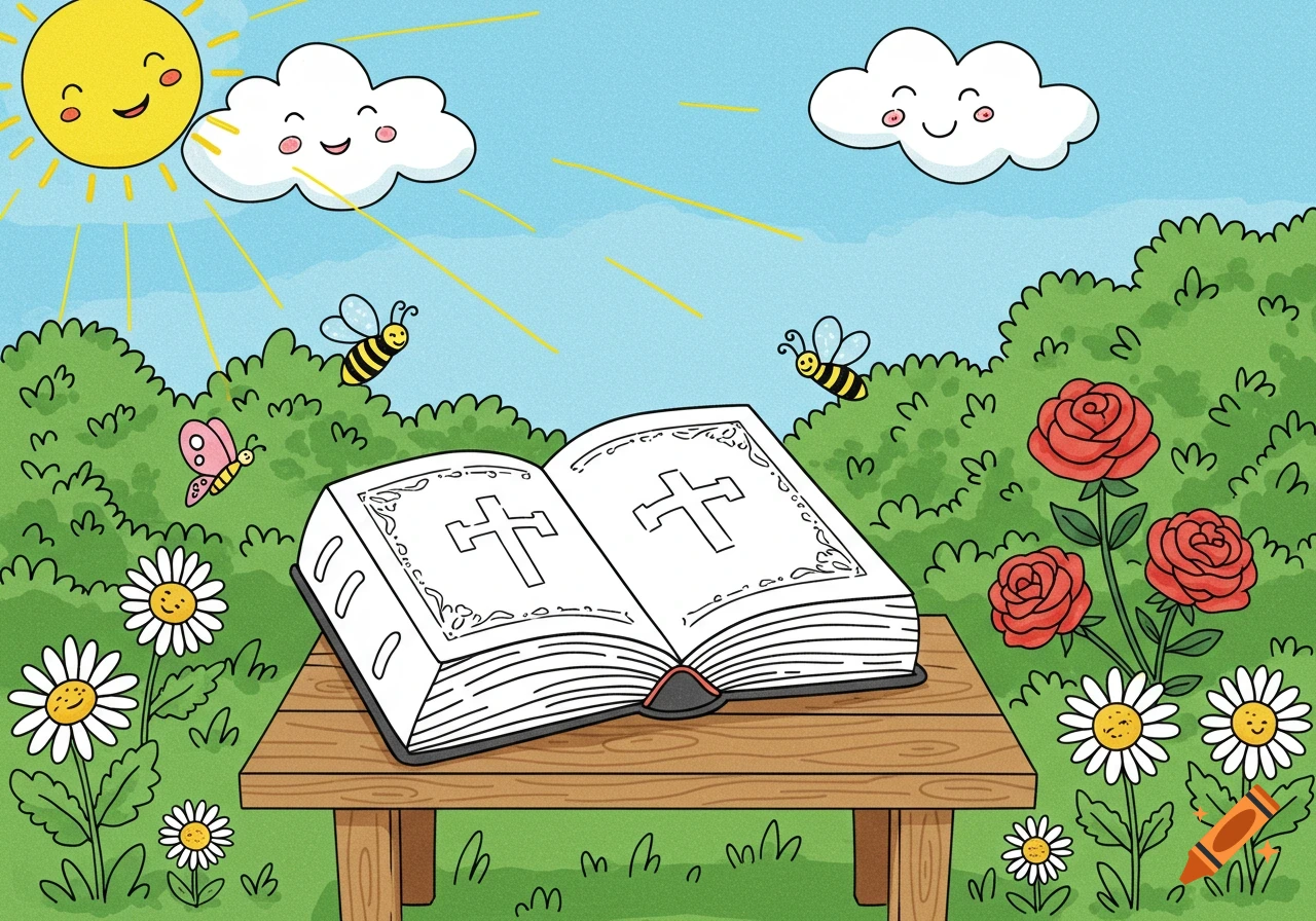 A cartoon illustration for a coloring book shows an open Bible with crosses on a wooden table in a garden with smiling sun, clouds, bees, butterfly, daisies, and roses.