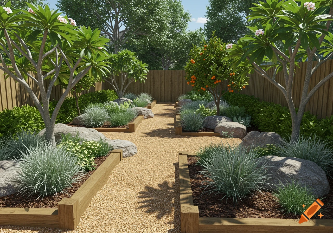A gravel path meanders through a lush subtropical garden with raised timber beds, large boulders, frangipani trees, and an orange tree, under a sunny sky.
