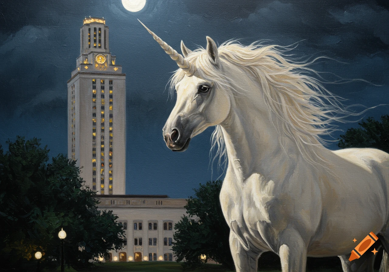 A white unicorn stands majestically in front of the illuminated UT Tower under a full moon, rendered in an oil painting style.