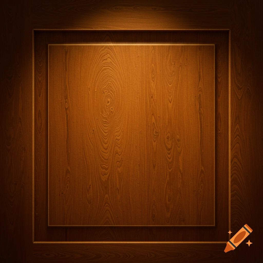 A rich, warm brown wooden panel with prominent grain patterns, framed by a darker border and illuminated from above.