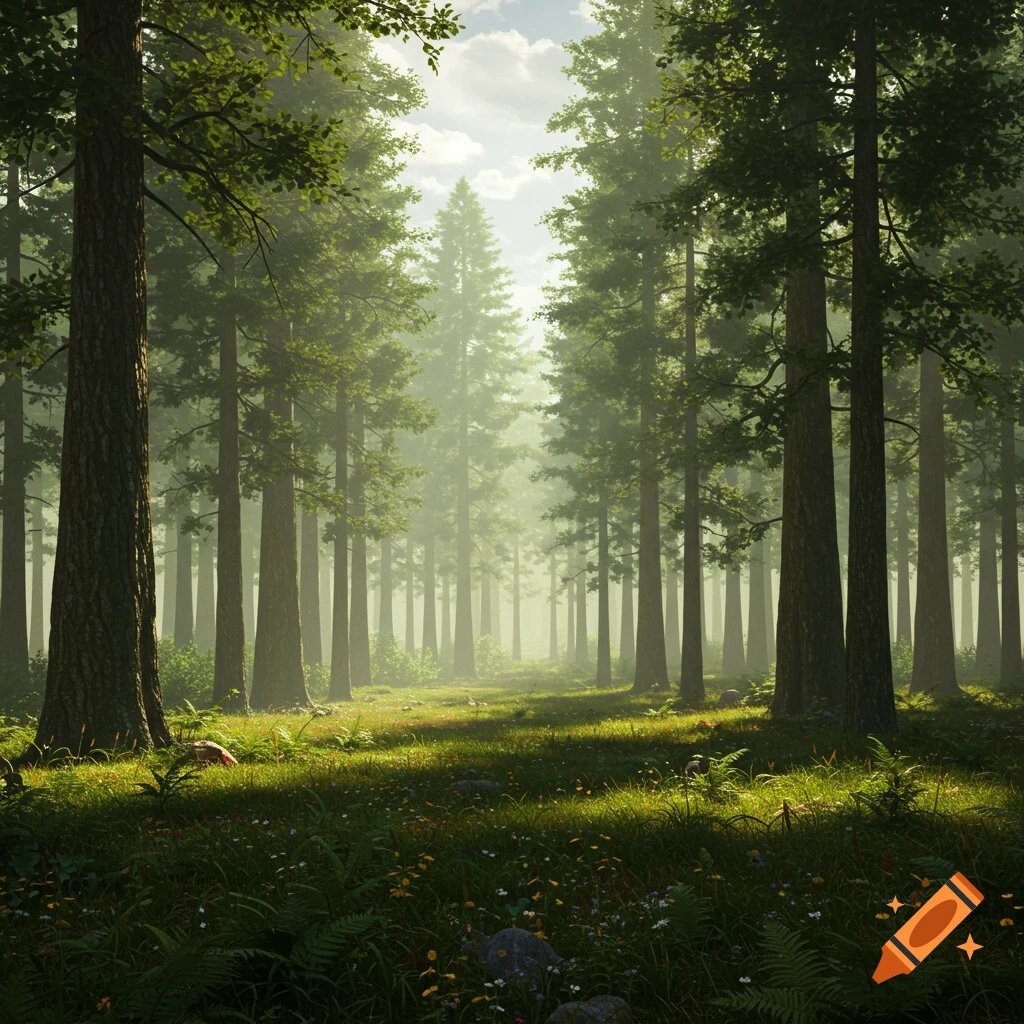 A lush, sunlit forest with tall trees, green foliage, and a grassy floor dappled with light and small flowers.