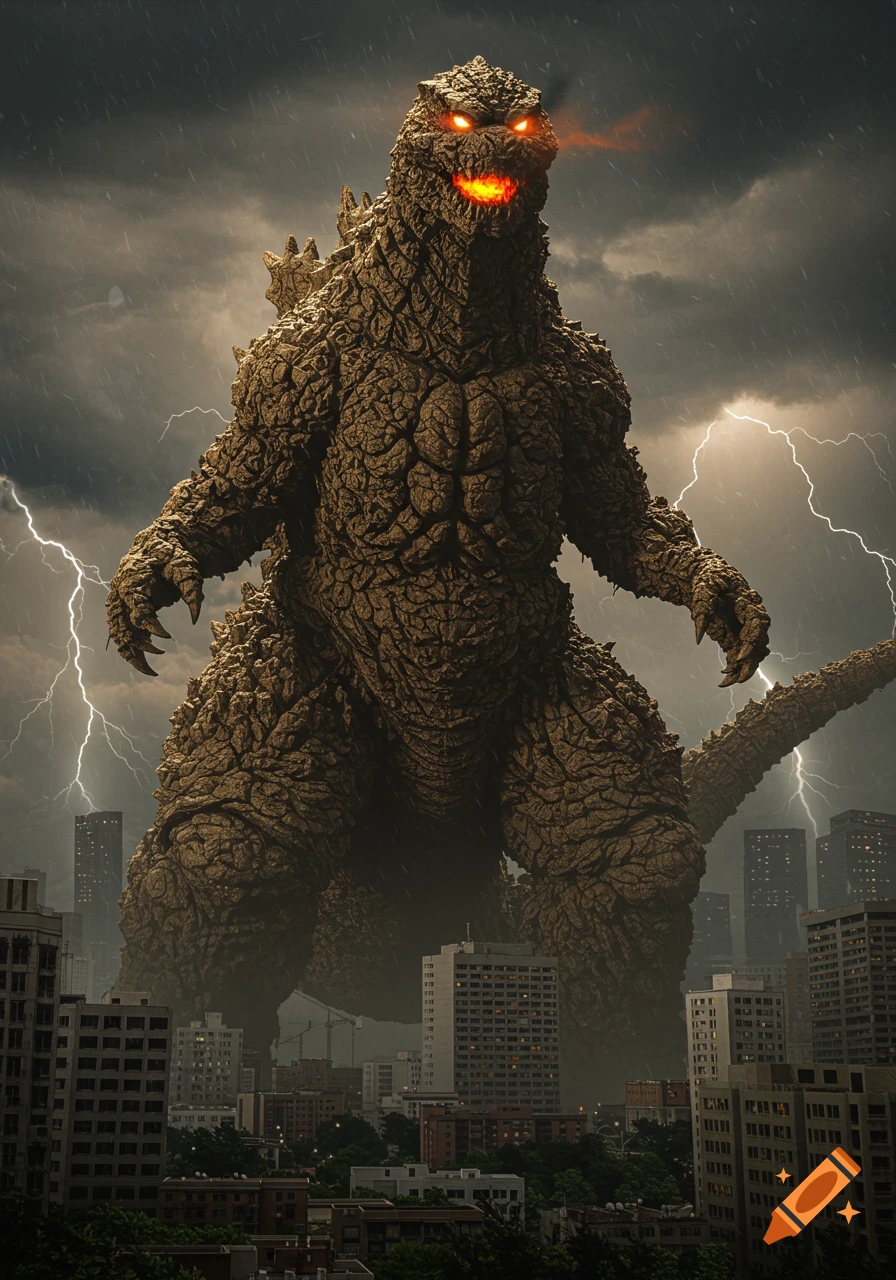 Massive Godzilla with glowing red eyes and a textured, earthy body stands over a city during a lightning storm.