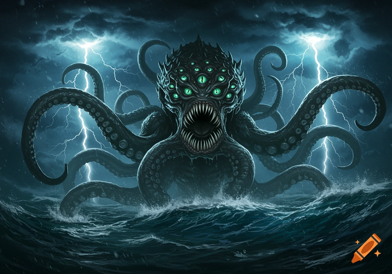 A dark, multi-eyed, tentacled monster with sharp teeth rises from stormy seas under a lightning-filled sky.