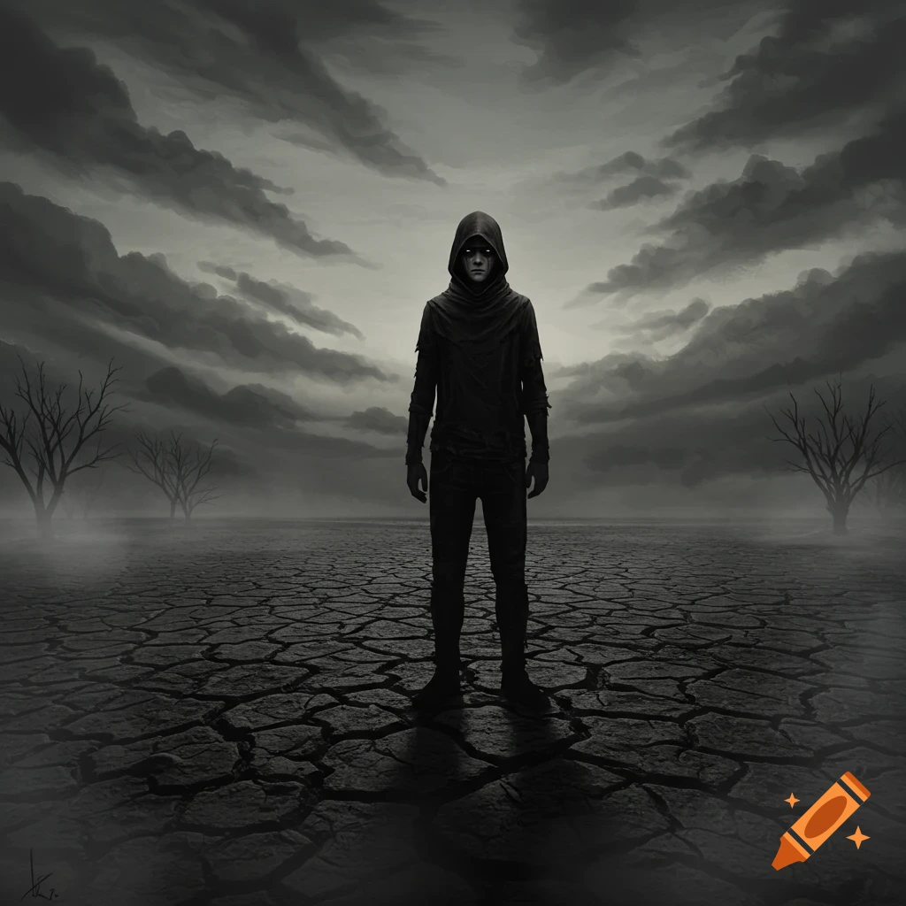 A dark, hooded figure stands centrally in a cracked, desolate landscape under a gloomy, overcast sky. Digital painting style.