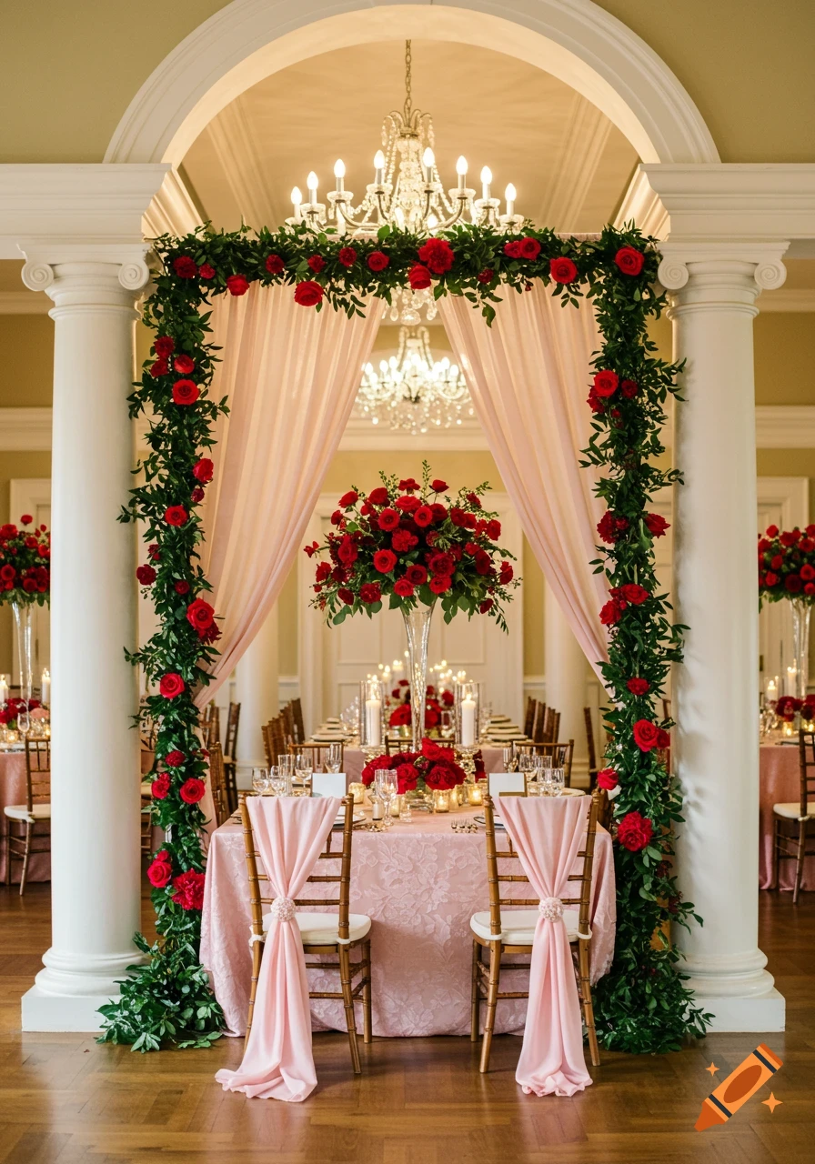 Wedding reception hall with a lavish arch of red roses and green foliage, pink drapes, and beautifully set tables with floral centerpieces.
