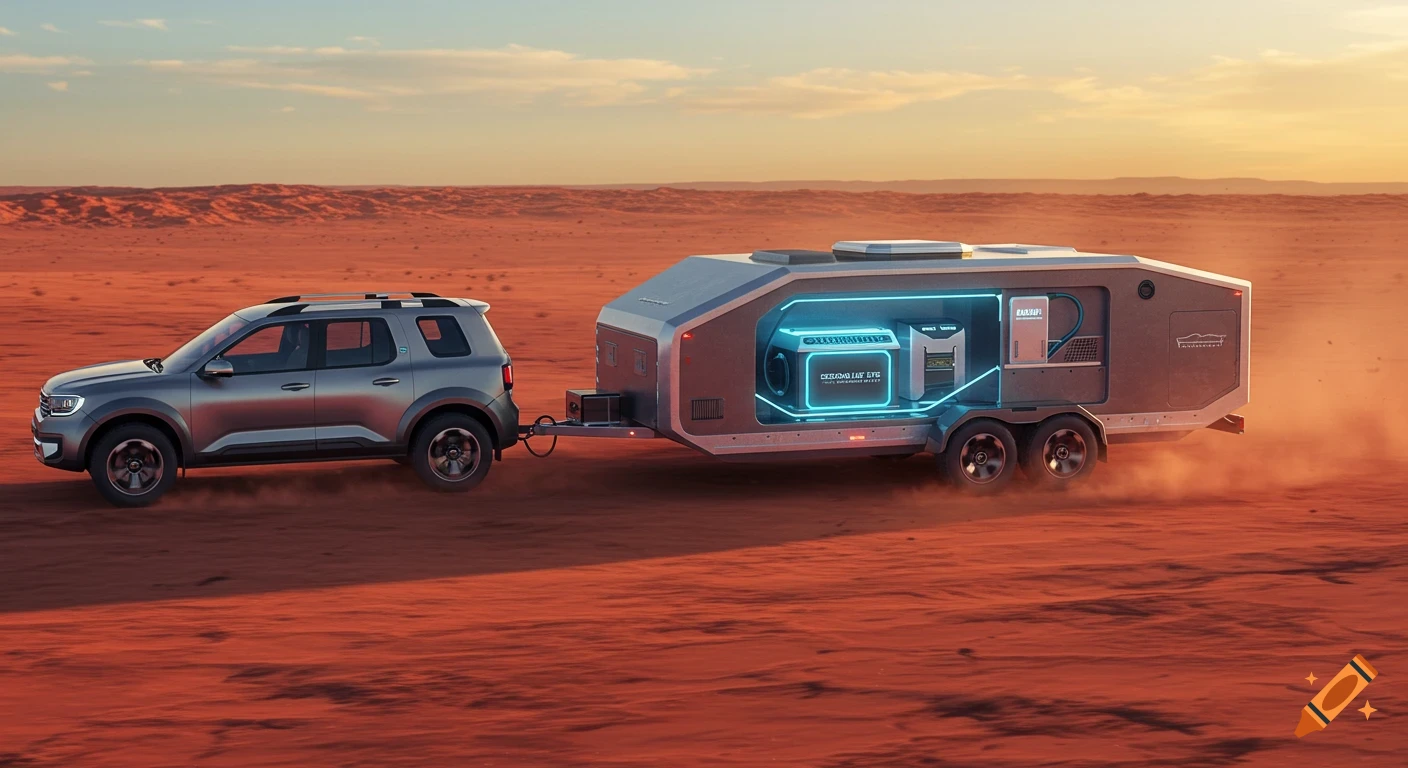 A futuristic silver SUV tows a sci-fi travel trailer with glowing blue components through a vast red desert at sunset.