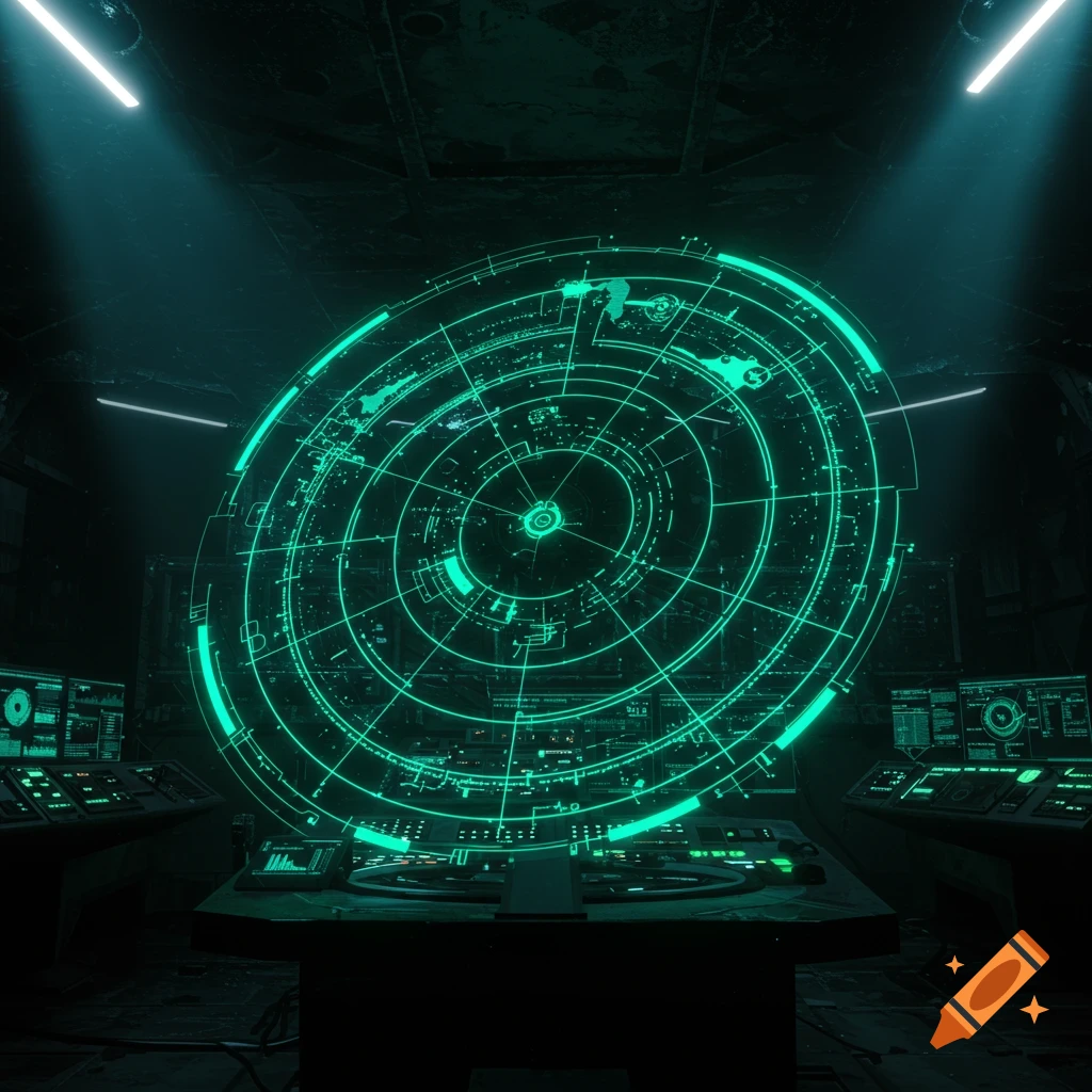 A futuristic green glowing radar screen in a dark control room with surrounding monitors.