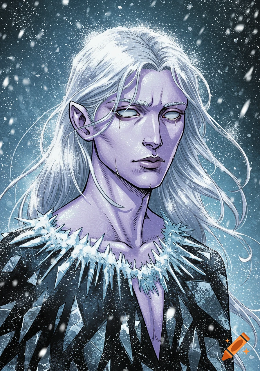 Portrait of a pale-skinned character with long white hair, pointed ears, and an icy collar, amidst falling snow in a graphic novel style.