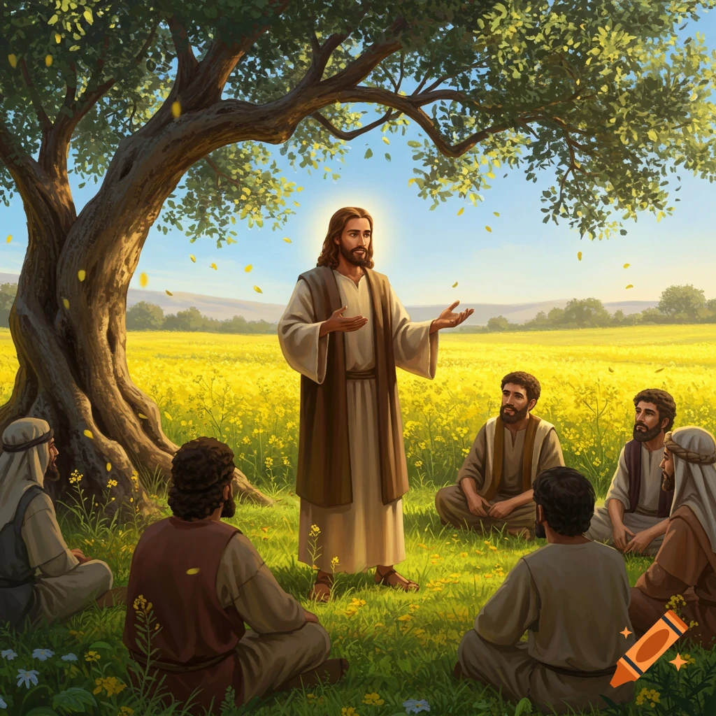 Jesus teaches a group of men in a sunny yellow field under a large tree.