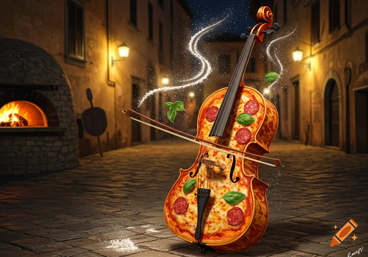 A pizza-themed cello with pepperoni and basil sits on a cobblestone street at night, glowing sparks and basil leaves float around it, next to a lit pizza oven.