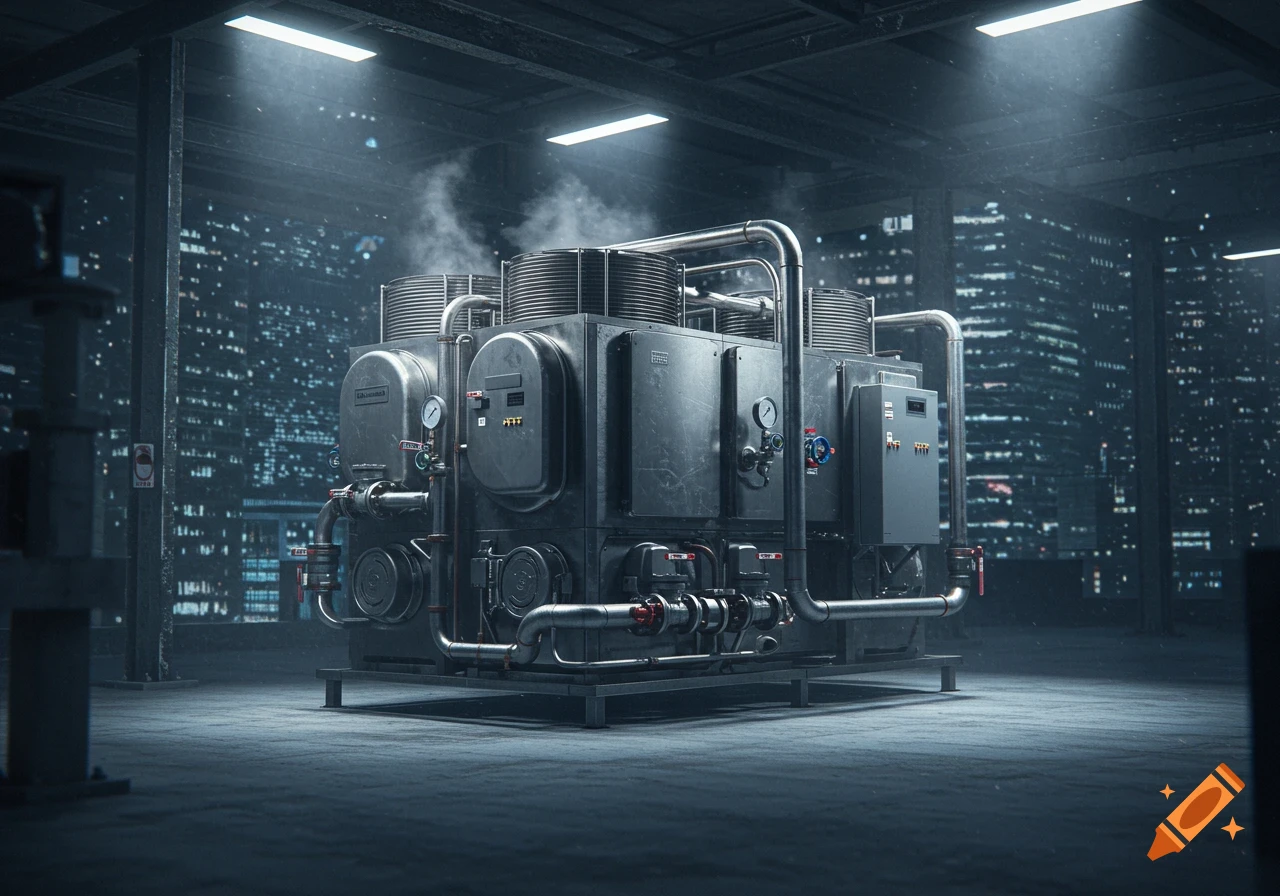Photorealistic image of a large industrial water chiller with pipes and gauges, steaming, against a night city skyline.