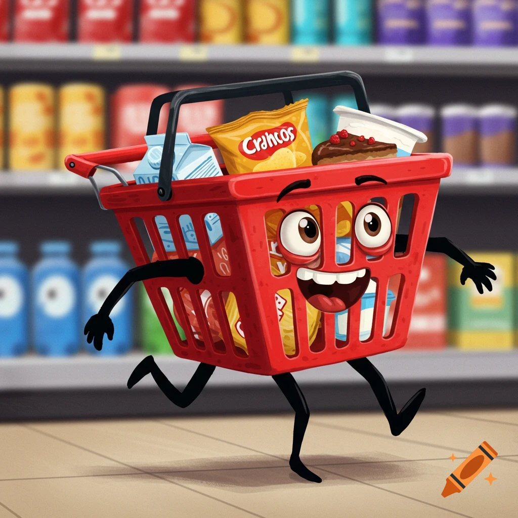 A red anthropomorphic shopping basket filled with groceries runs through a supermarket aisle in a cartoon digital painting style.
