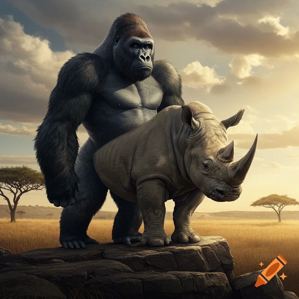 A massive, powerful gorilla stands behind a rhinoceros on a rocky outcrop in a golden savanna landscape at sunset.
