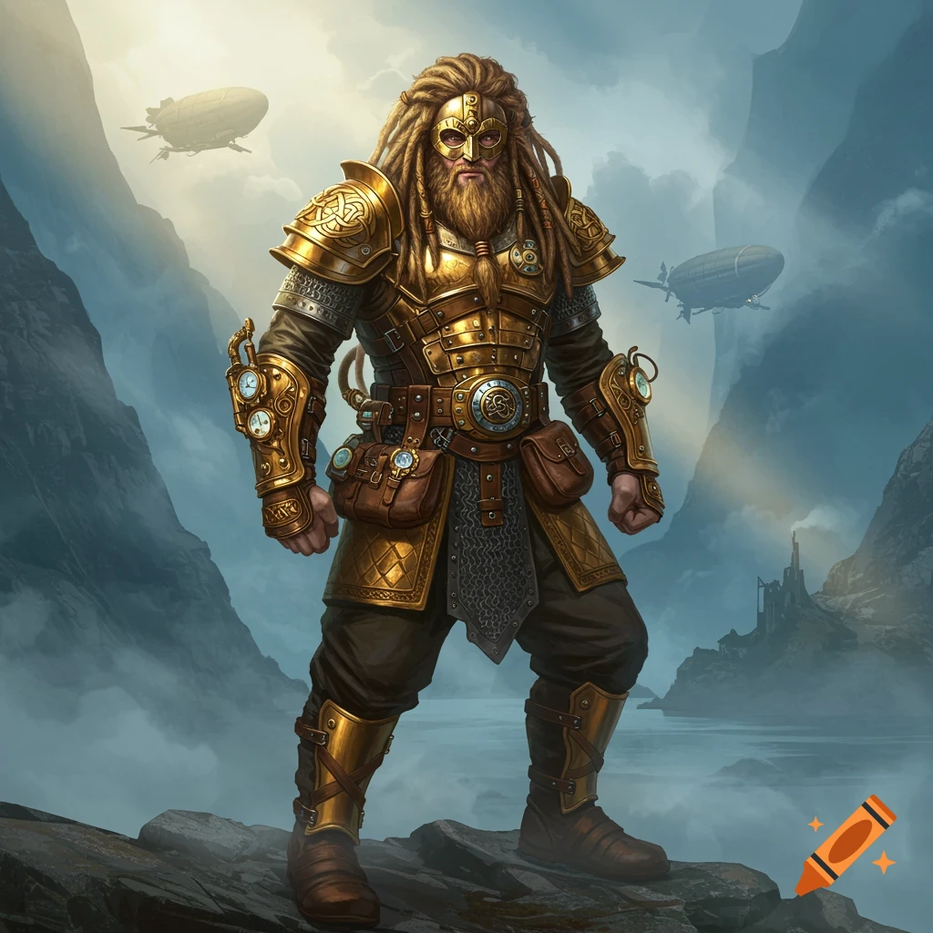 A detailed steampunk Viking warrior in golden armor with dreadlocks and a helmet stands on rocks overlooking a misty mountain valley with airships.