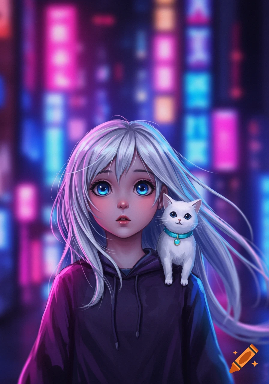 An anime style girl with long silver hair and blue eyes, with a white cat on her shoulder, stands against a blurry background of neon city lights.