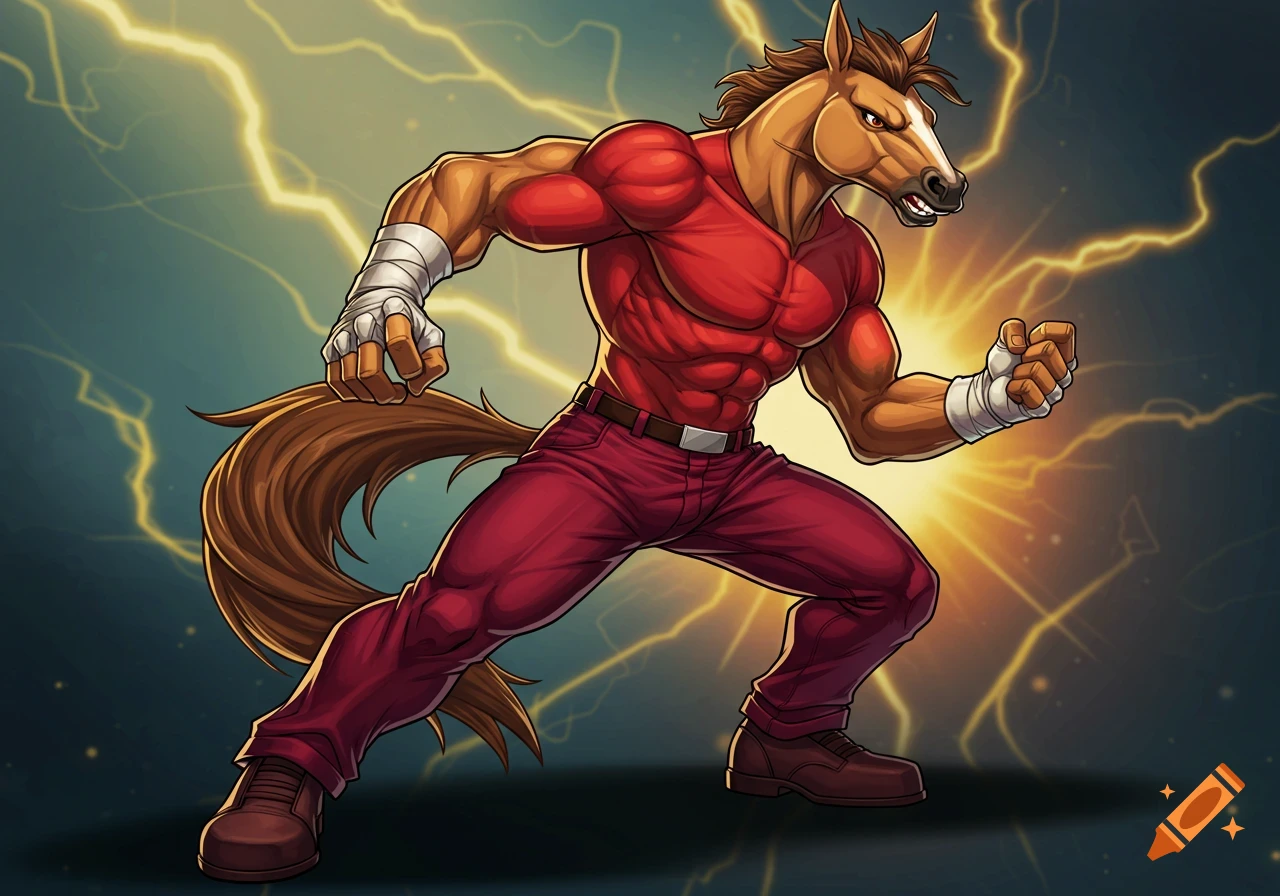 A muscular, anthropomorphic horse character in a red shirt and maroon pants stands in a fighting stance with lightning behind it, in a comic book art style.