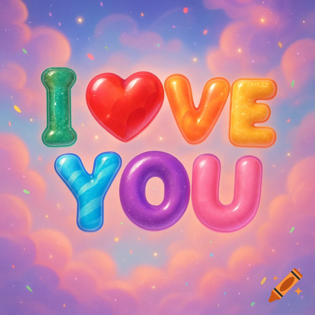Colorful, shiny candy-like letters spelling 'I LOVE YOU' against a whimsical, pastel pink and purple sky with glittery confetti.