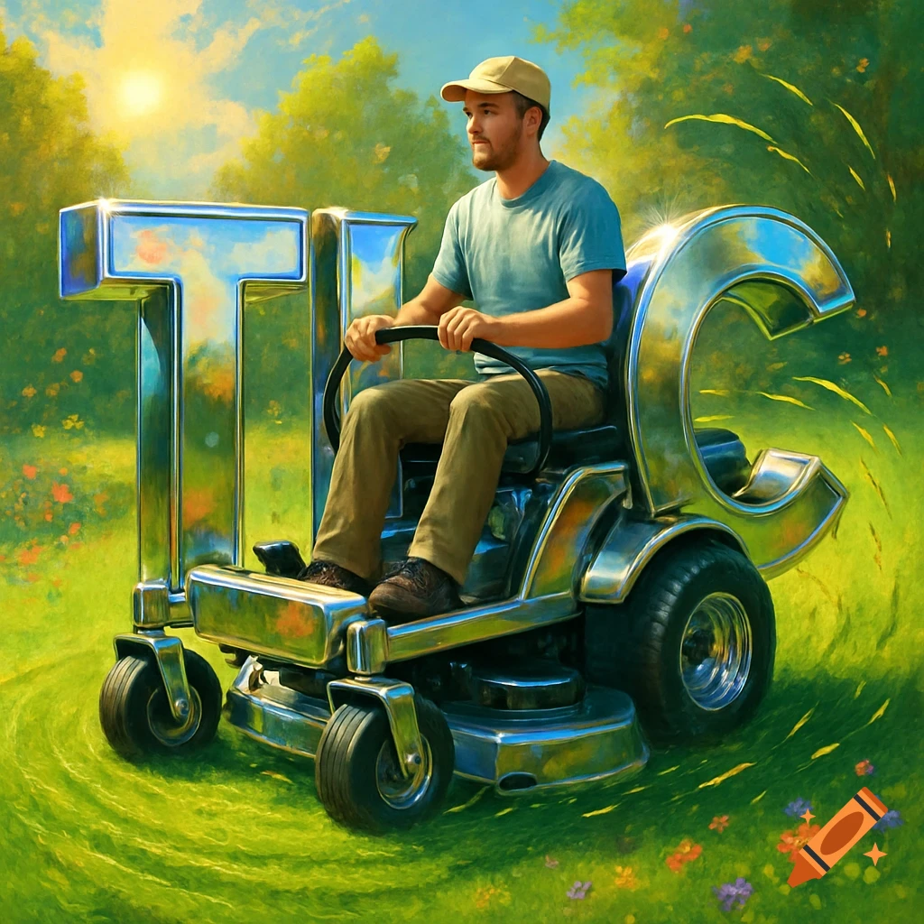 A man rides a lawnmower made of shiny chrome letters 'T', 'L', 'C' in a sunny green field.
