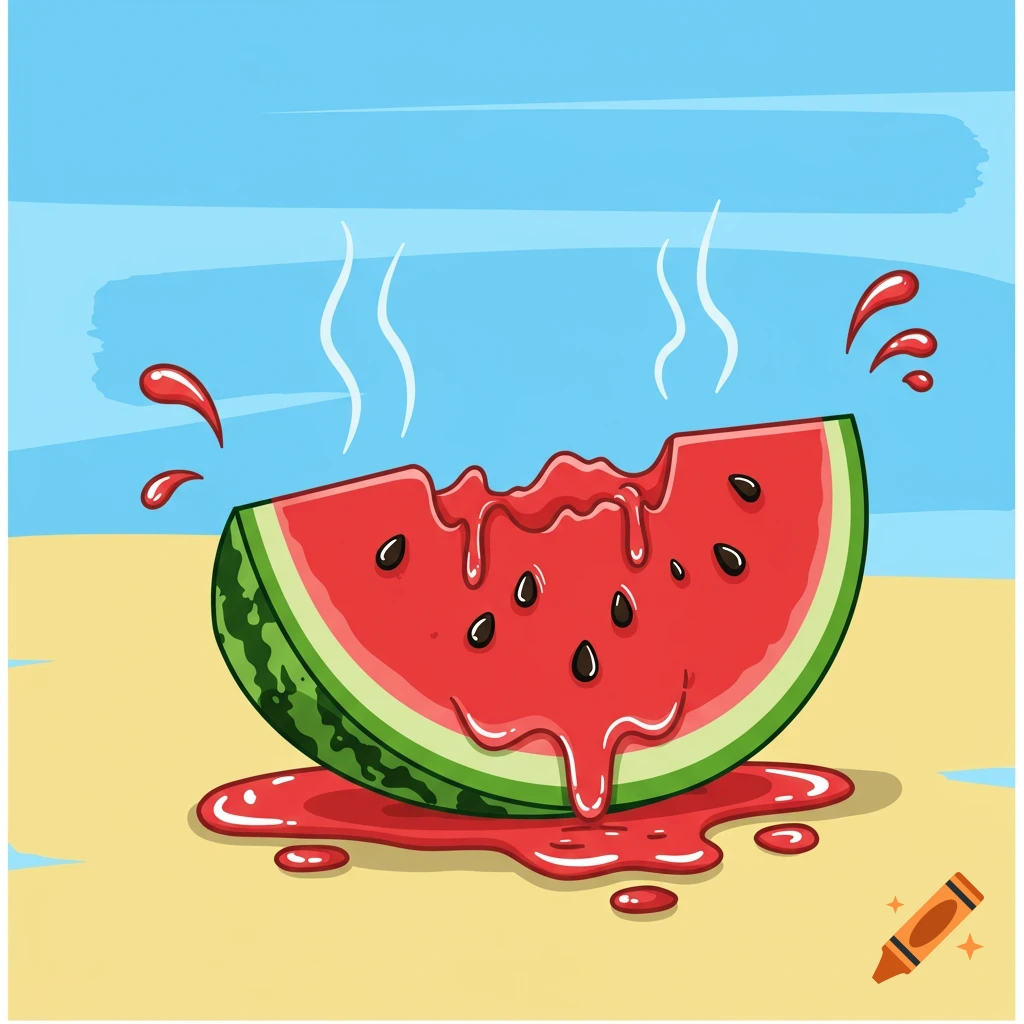 A cartoon illustration of a melting watermelon slice on a sandy surface under a blue sky.