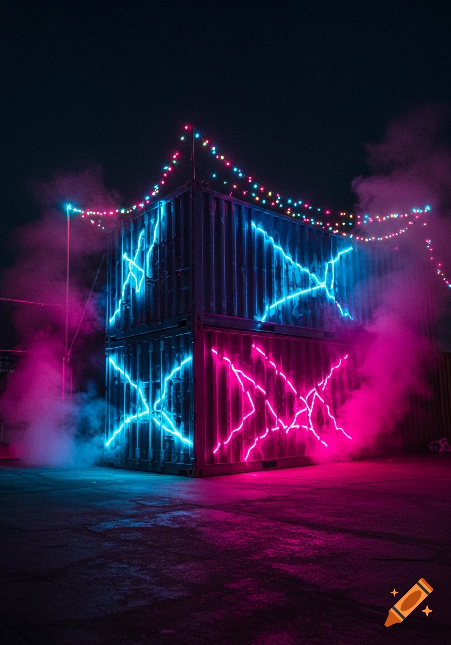 Two stacked shipping containers illuminated with vibrant blue and magenta neon lights and smoke at night.