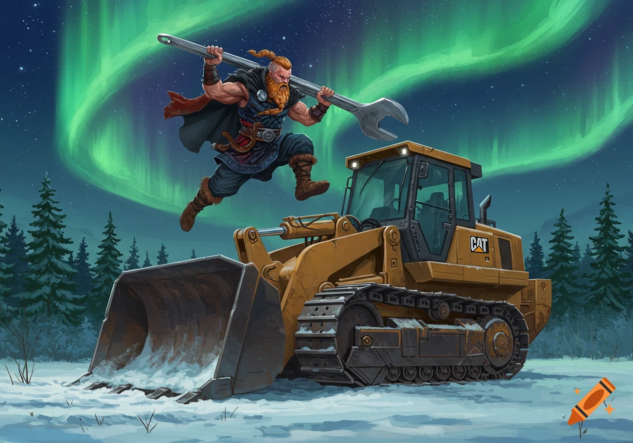 A muscular Viking-like man with a beard jumps over a yellow bulldozer, holding a large wrench, under a green aurora in a snowy landscape.