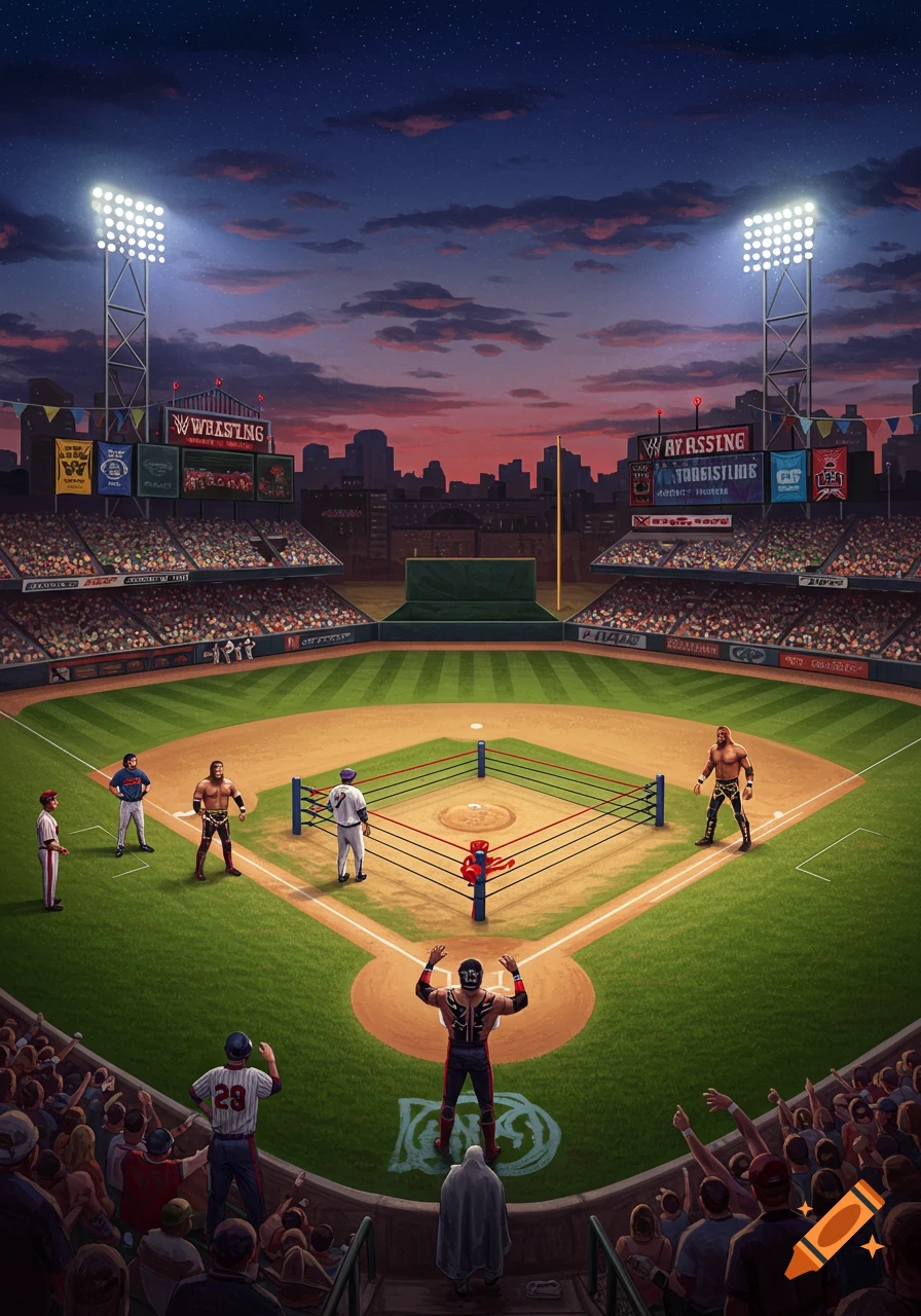 A wrestling ring on a baseball field at dusk, with wrestlers in the ring and on the field, and spectators in the stands under stadium lights.