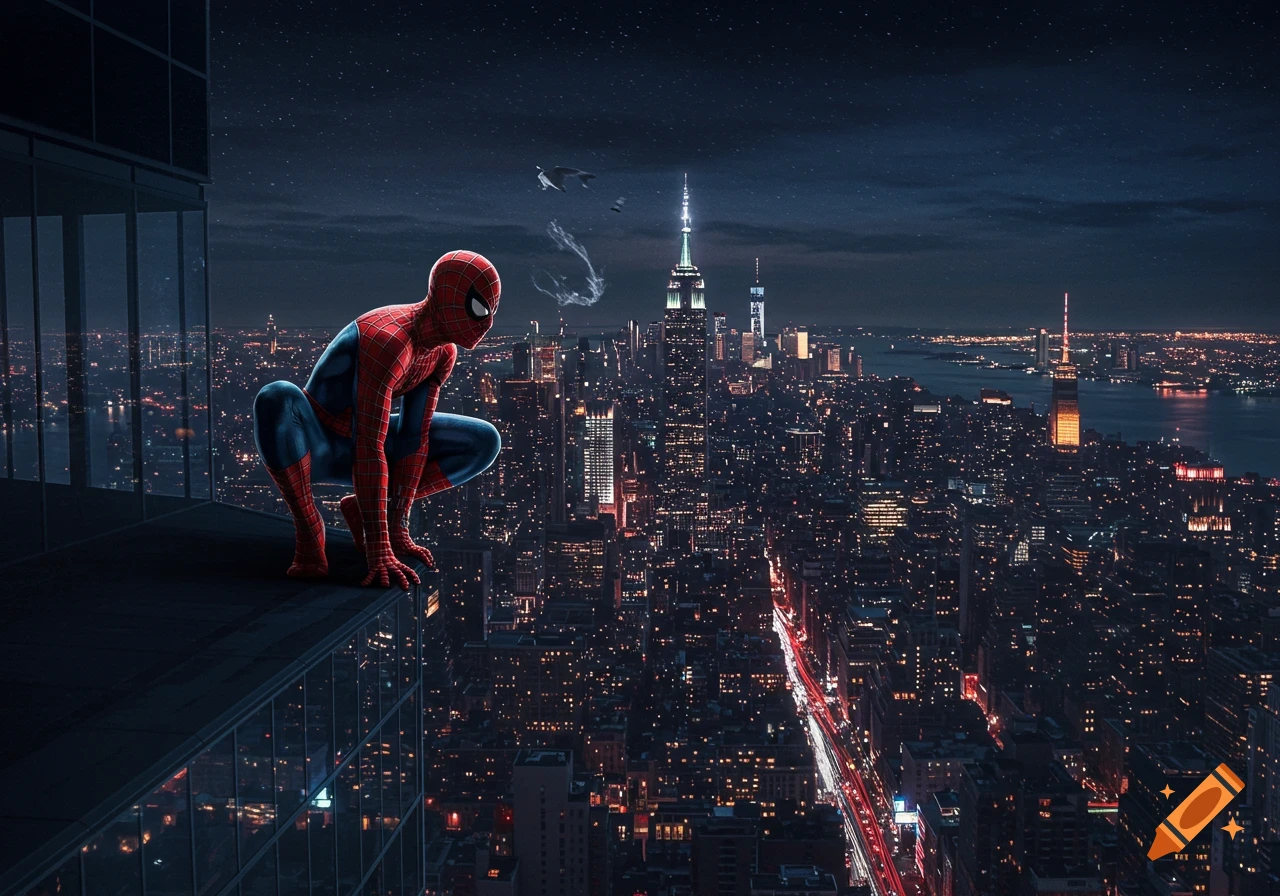 Spider-Man crouches on a skyscraper ledge, gazing at a sprawling, lit-up city skyline at night with the Empire State Building.