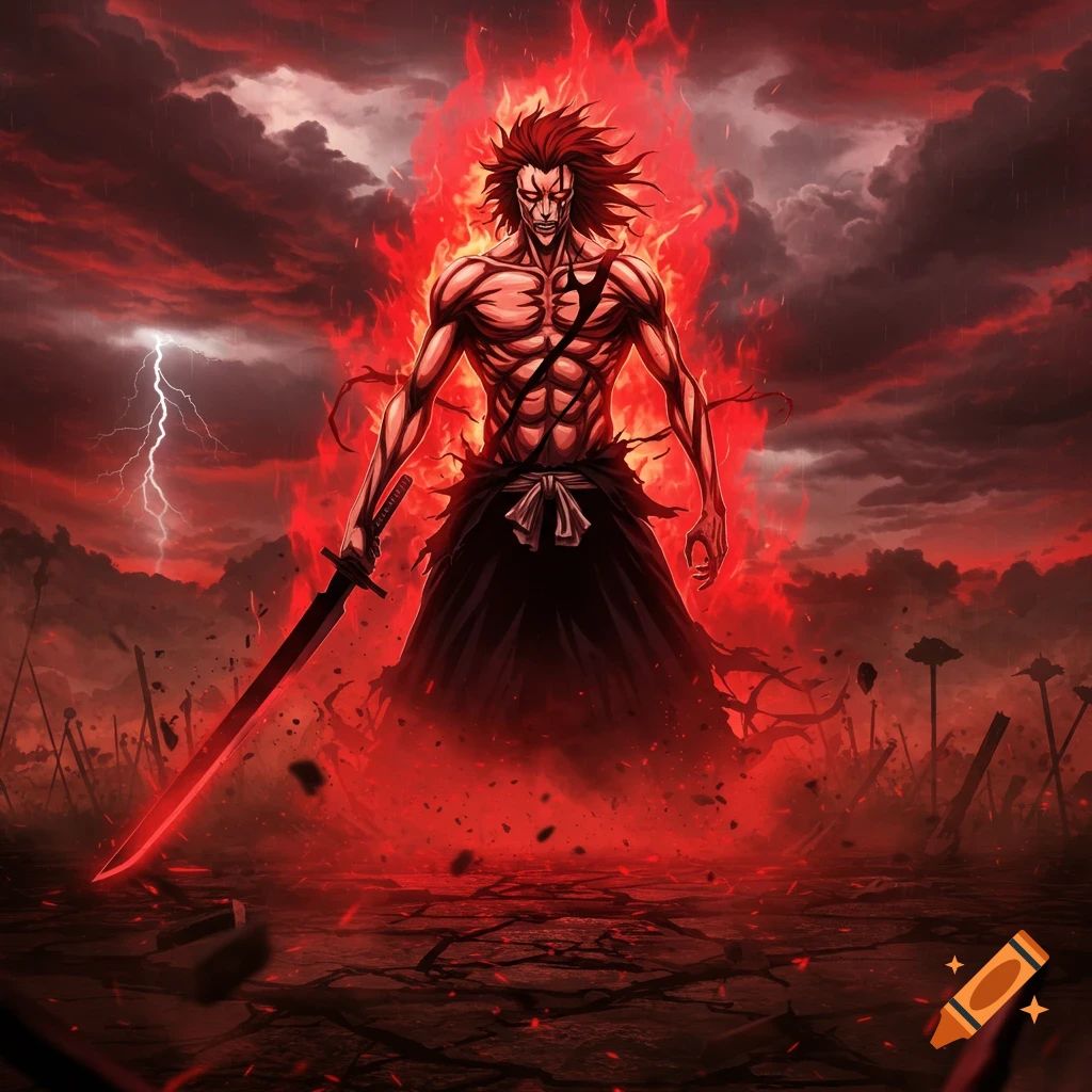 A muscular, red-haired anime warrior stands engulfed in intense red flames, holding a large sword amidst a stormy sky and desolate landscape.