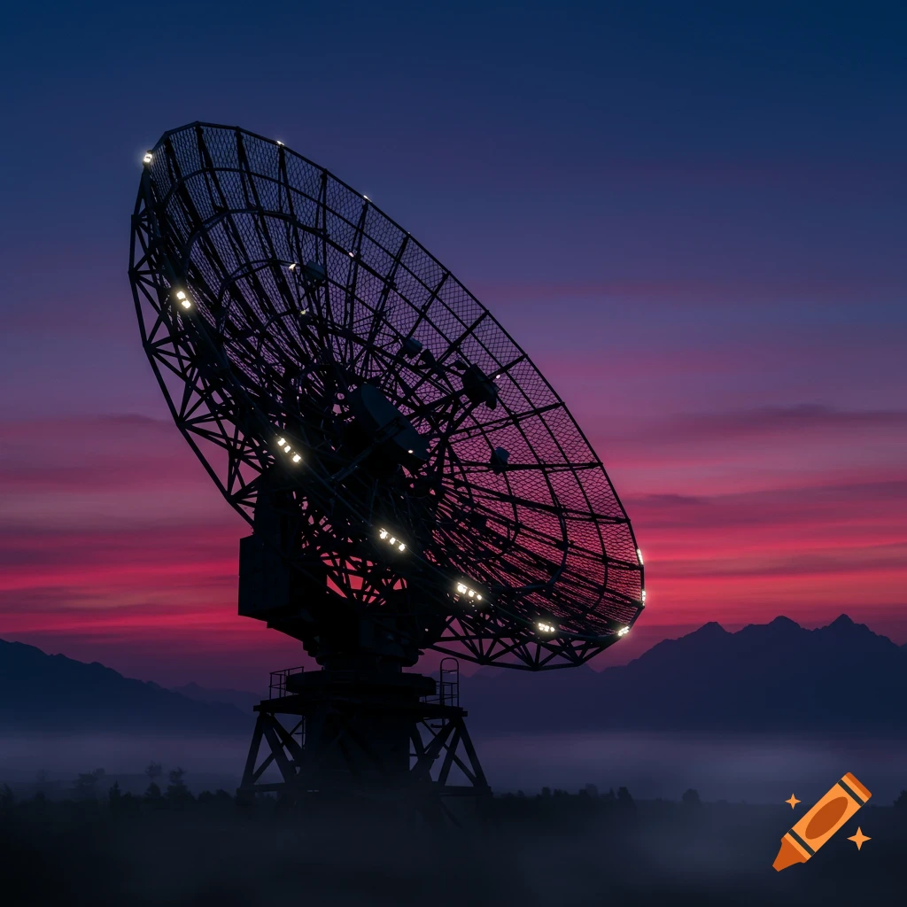 A large radar dish silhouetted against a vibrant purple and red sunset sky with mountains in the background.