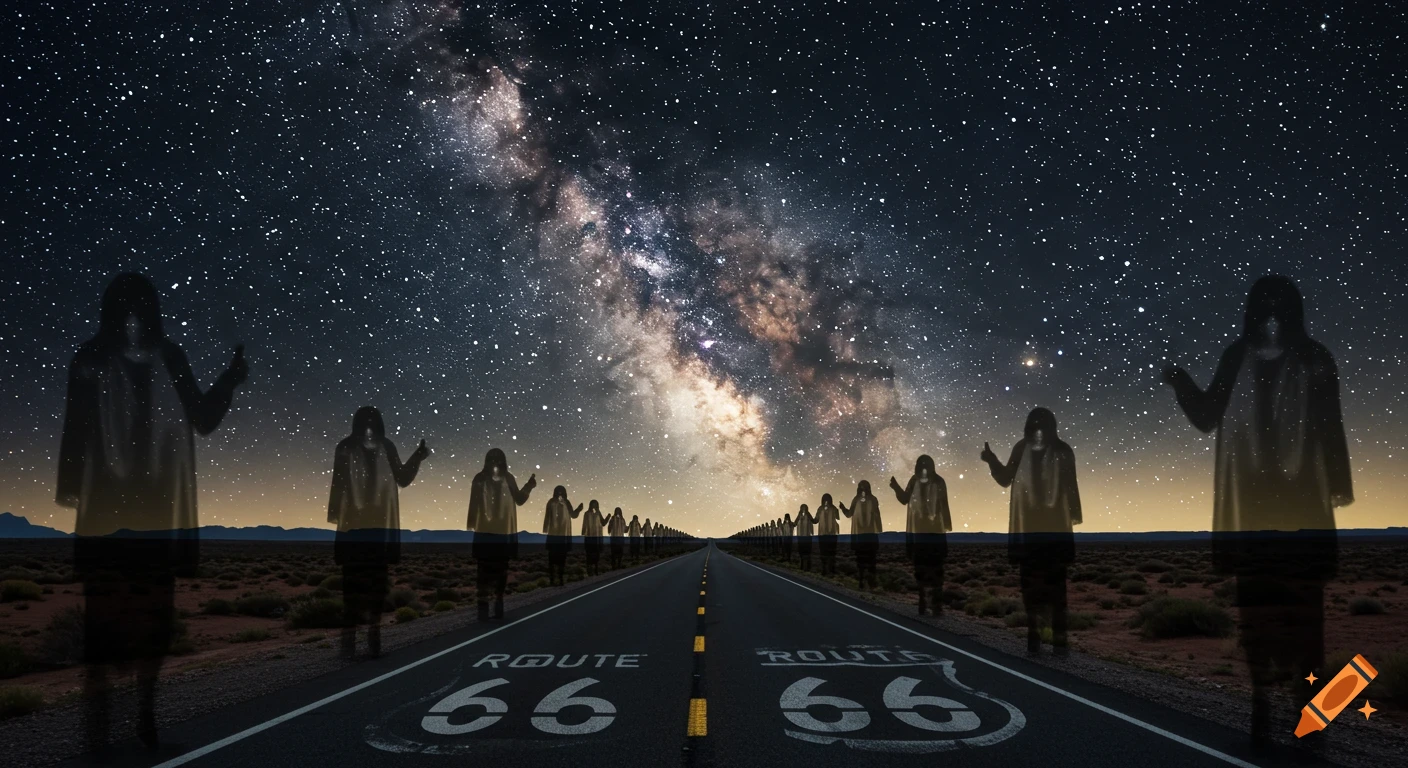 A surreal night road scene with Route 66 markings leading into a Milky Way sky, flanked by silhouetted figures with thumbs up.