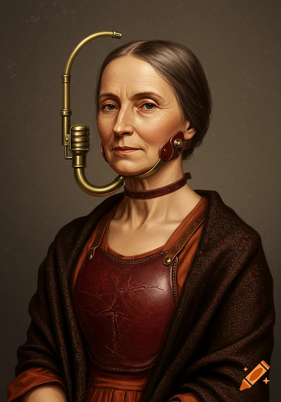 A realistic digital painting of a middle-aged woman with a steampunk voice prosthesis.