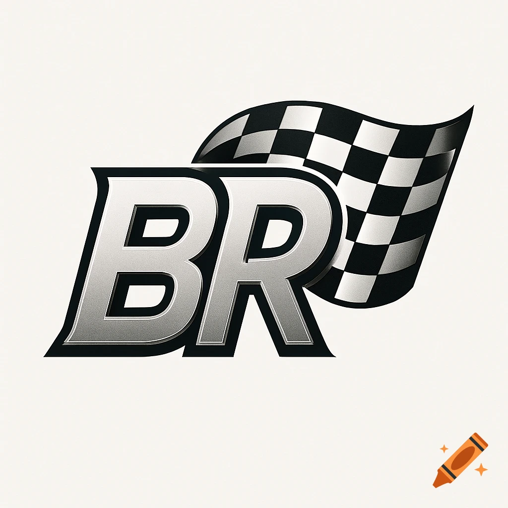 A logo featuring the metallic silver letters 'BR' with a black outline, in front of a wavy black and white checkered flag.