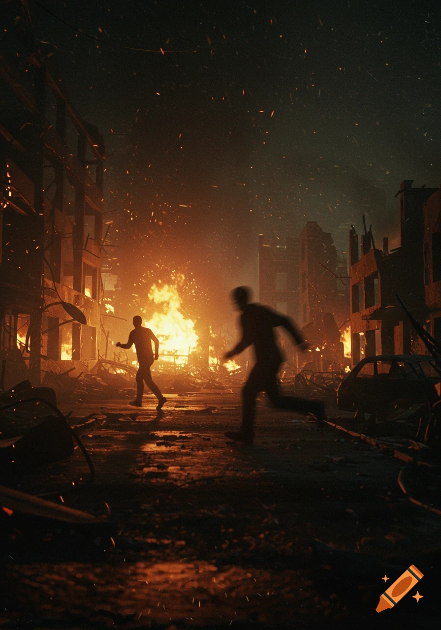 Two blurred figures run through the dark, burning ruins of a city, with large flames and sparks filling the street.