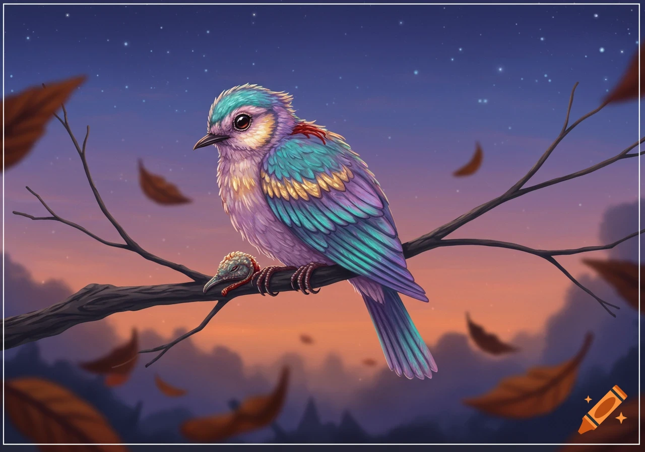 A vibrant, colorful bird with teal, purple, and gold feathers perches on a bare branch at dusk, with a stylized dead bird's head below it.