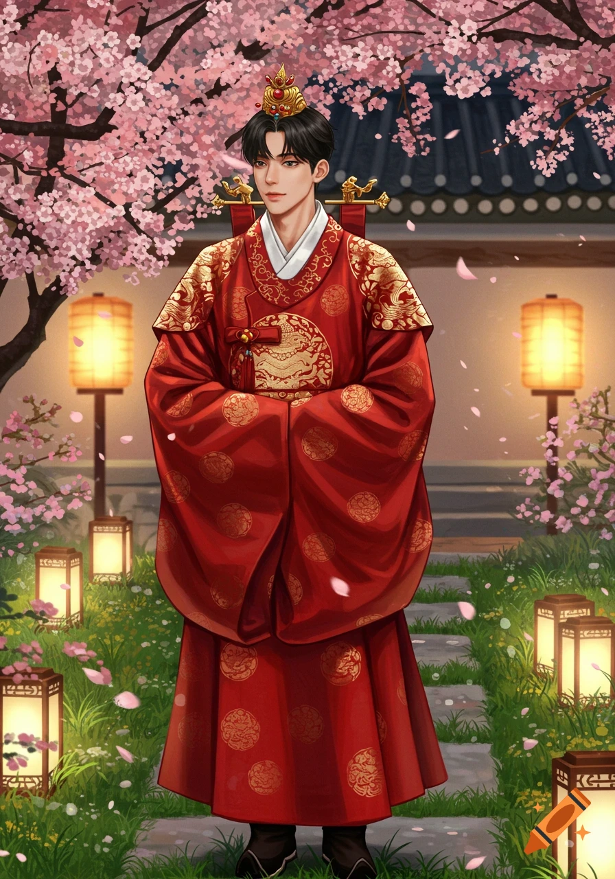A young man in a red, ornate traditional outfit and crown stands in a cherry blossom garden with glowing lanterns. Digital art.