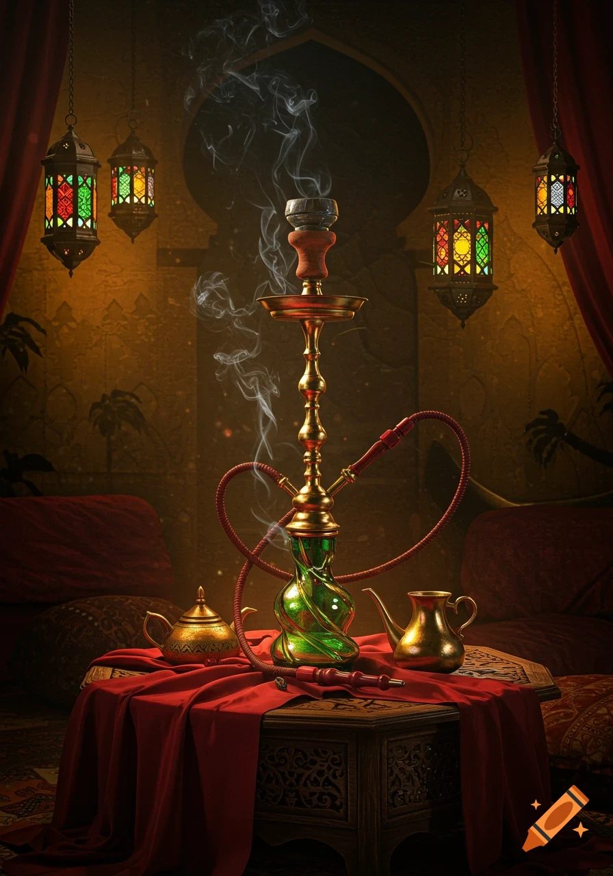 Golden hookah with green base and rising smoke on a red-draped table in a dimly lit, ornate Middle Eastern room with colorful lanterns.