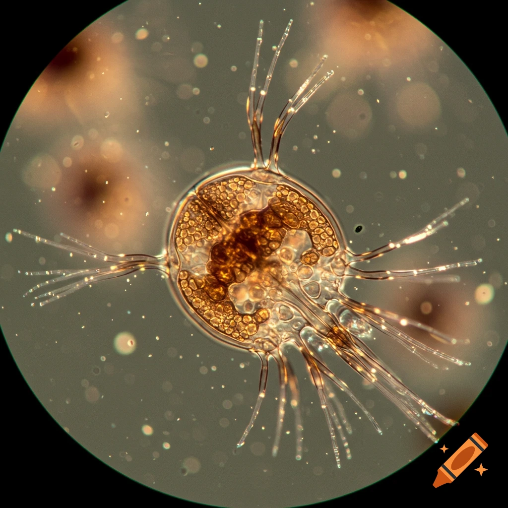 A translucent brown microscopic organism with radiating appendages, seen through a microscope.