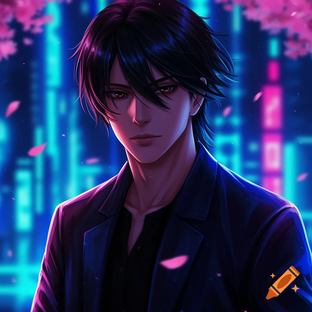 An anime man with black hair and brown eyes stands in front of a neon-lit city, with pink cherry blossoms falling.