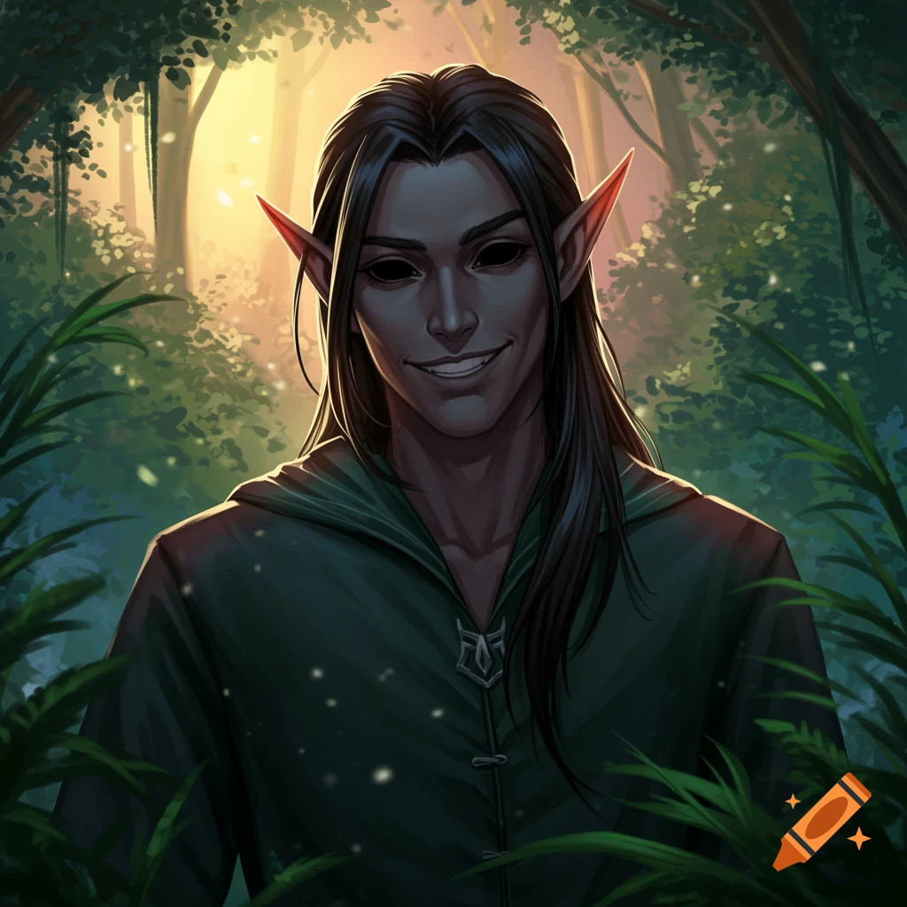 A smiling male elf with long dark hair, black eyes, pointed red-tipped ears, and a green tunic, standing in a sunlit forest.