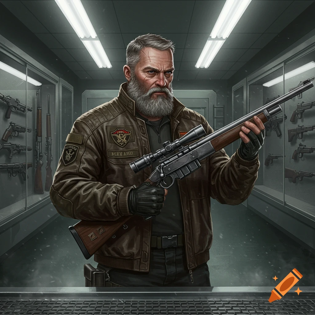A bearded man in a brown leather jacket and gloves holds a rifle with a scope in a room with weapons displayed in glass cases.