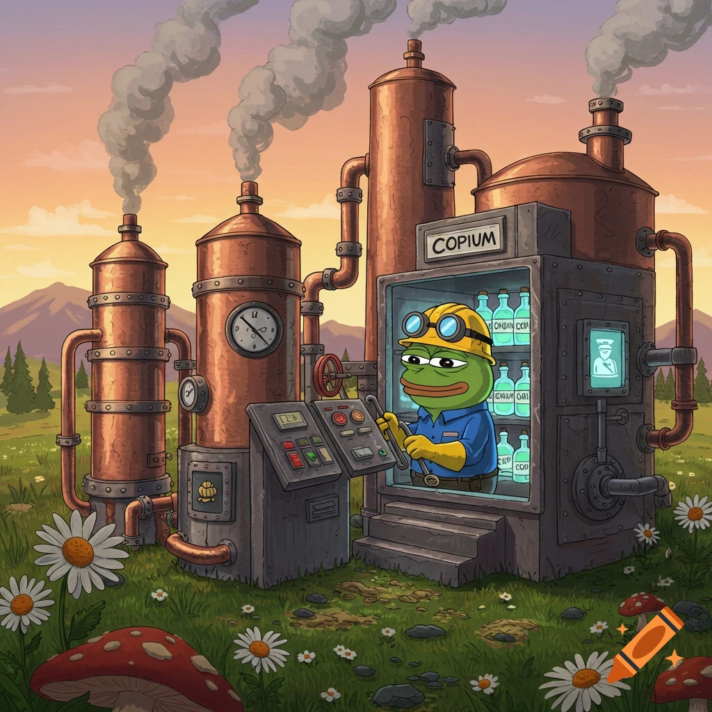 A cartoon Pepe the Frog in a hard hat and goggles operates a rustic, steampunky 'COPIUM' refinery in a grassy field with mountains and a sunset in the background. Bottles are visible inside the machine.